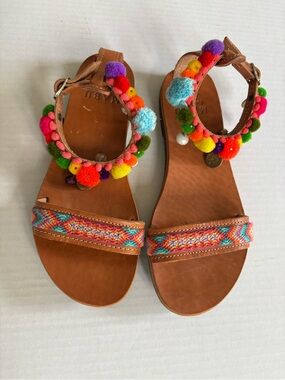 Mabu by Maria BK Leather Sandals Pom Pom Trim Colourful Tropical Sz. 36 Summer